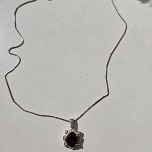 Vintage 925 Sterling Silver Box Chain 15.5” Necklace & JC Red CZ Stone Pendant